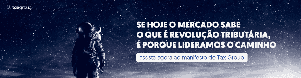 banner com céu estrelado e astronauta à esquerda, com a frase 'se hoje o mercado sobre o que é revolução tributária, é porque lideramos o caminho' à direita